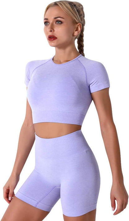 Elevate Your Workout with the Women’s Seamless Yoga Set - Stylish 2-Piece High-Waist Outfit in Light Blue