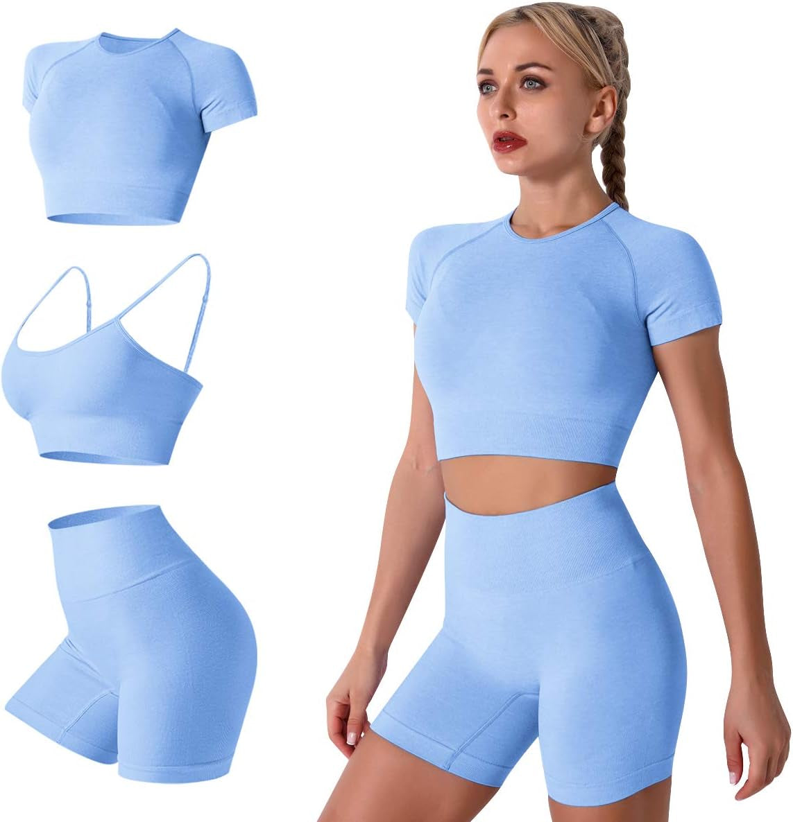 Elevate Your Workout with the Women’s Seamless Yoga Set - Stylish 2-Piece High-Waist Outfit in Light Blue