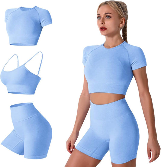 Elevate Your Workout with the Women’s Seamless Yoga Set - Stylish 2-Piece High-Waist Outfit in Light Blue