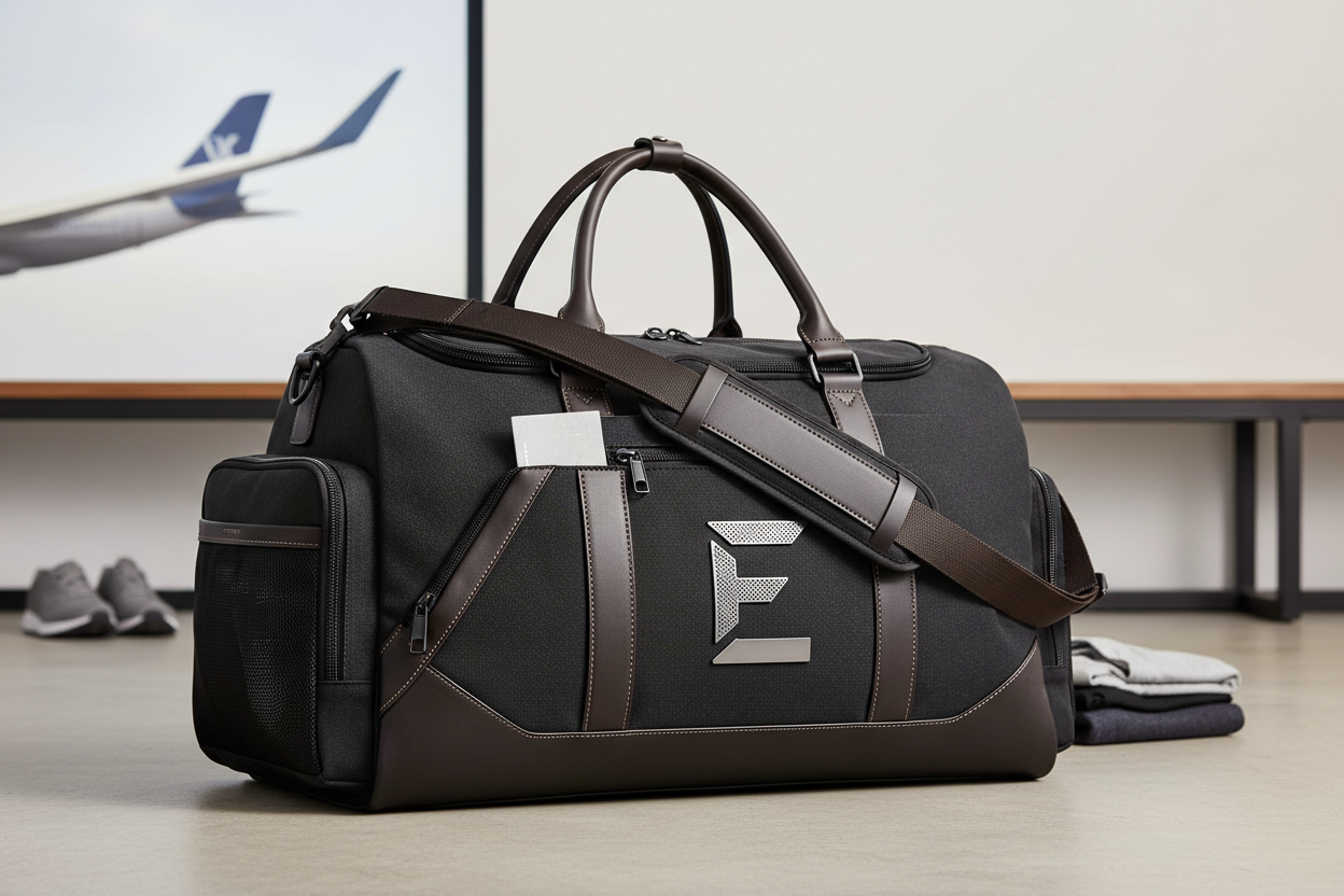 " 'E' black grey " Stylish Travel Duffel Bag for Gym, Weekend Trips & Carry-On