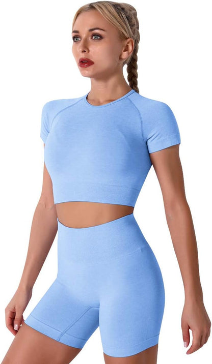 Elevate Your Workout with the Women’s Seamless Yoga Set - Stylish 2-Piece High-Waist Outfit in Light Blue