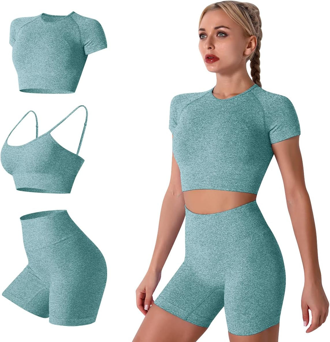 Elevate Your Workout with the Women’s Seamless Yoga Set - Stylish 2-Piece High-Waist Outfit in Light Blue