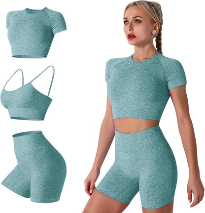 Elevate Your Workout with the Women’s Seamless Yoga Set - Stylish 2-Piece High-Waist Outfit in Light Blue