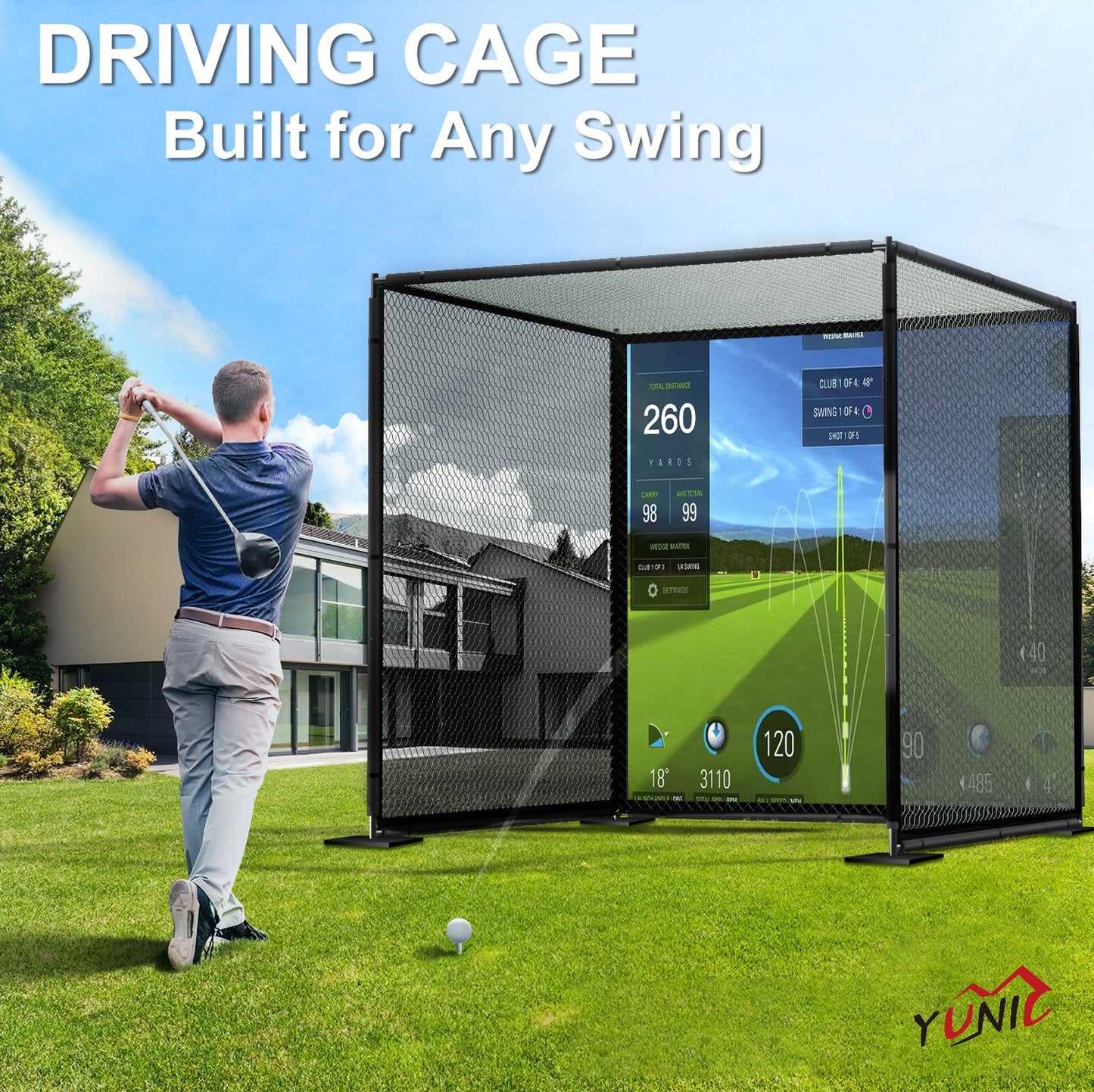 YUNIC Golf Driving Cage with Metal Frame and Simulator Impact Screen